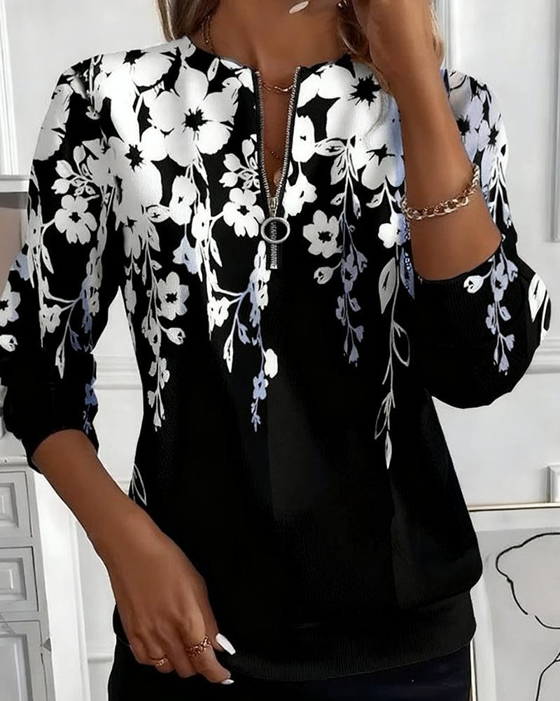Anali | Floral Half-Zip Sweatshirt with Crew Neck for Women