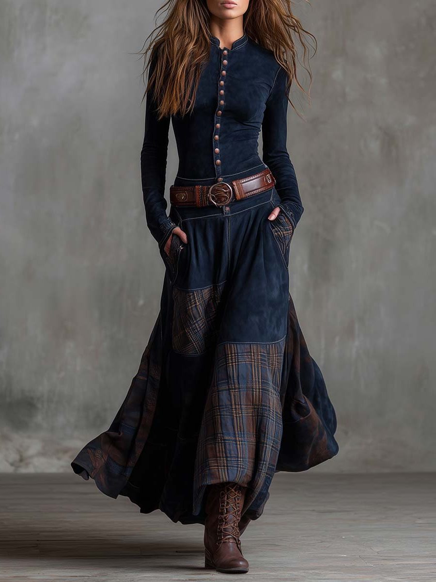 Anca | Patchwork Maxi Dress with Long Sleeves and Belt for Women