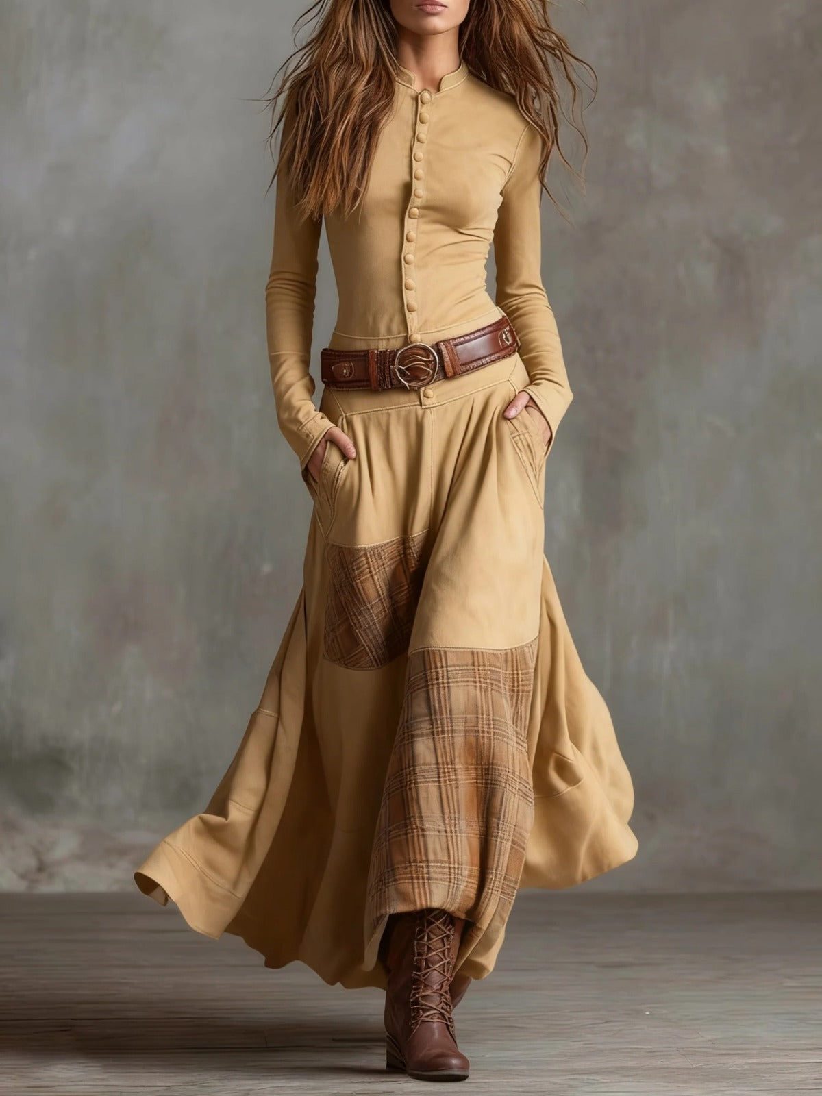 Anca | Patchwork Maxi Dress with Long Sleeves and Belt for Women