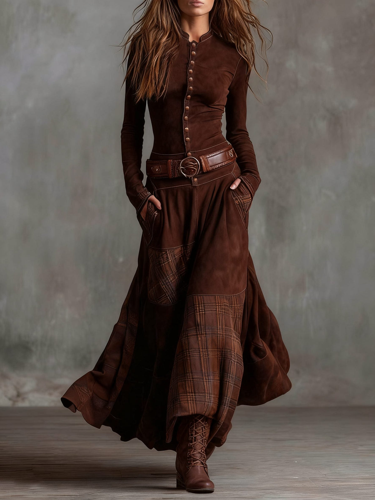 Anca | Patchwork Maxi Dress with Long Sleeves and Belt for Women