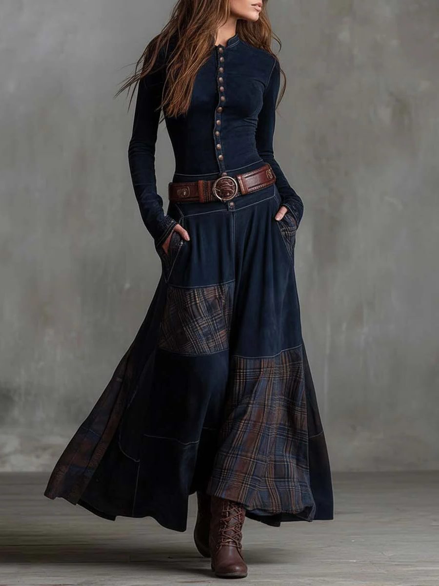 Anca | Patchwork Maxi Dress with Long Sleeves and Belt for Women