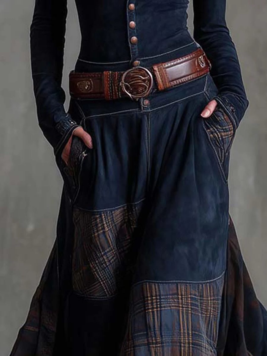 Anca | Patchwork Maxi Dress with Long Sleeves and Belt for Women