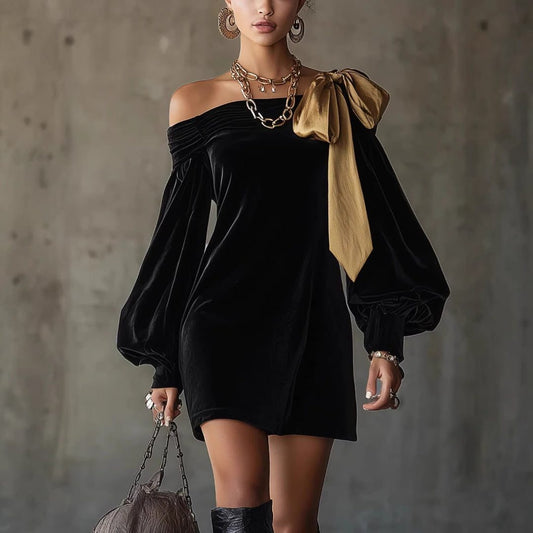 Anja | Velvet Off-Shoulder Mini Dress with Puff Sleeves for Women