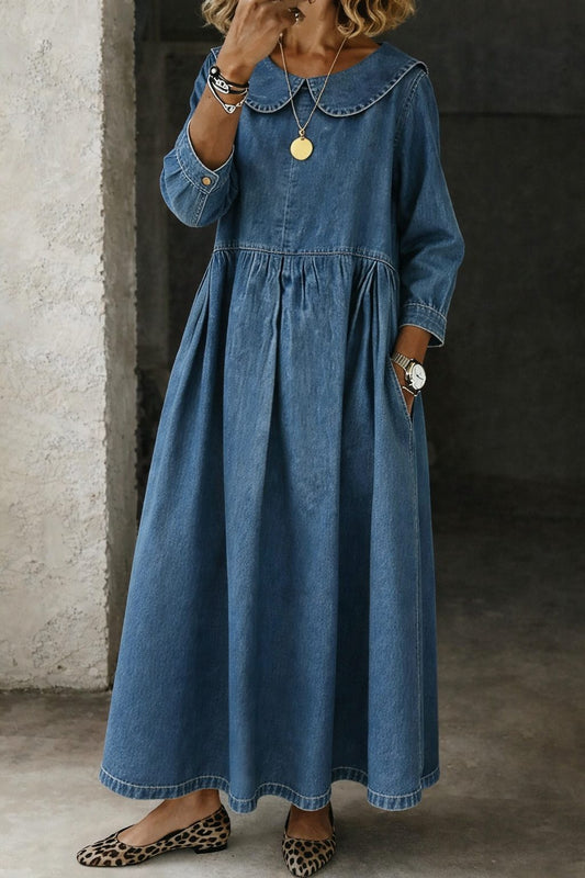 Arianne | Denim Maxi Dress with Peter Pan Collar for Women