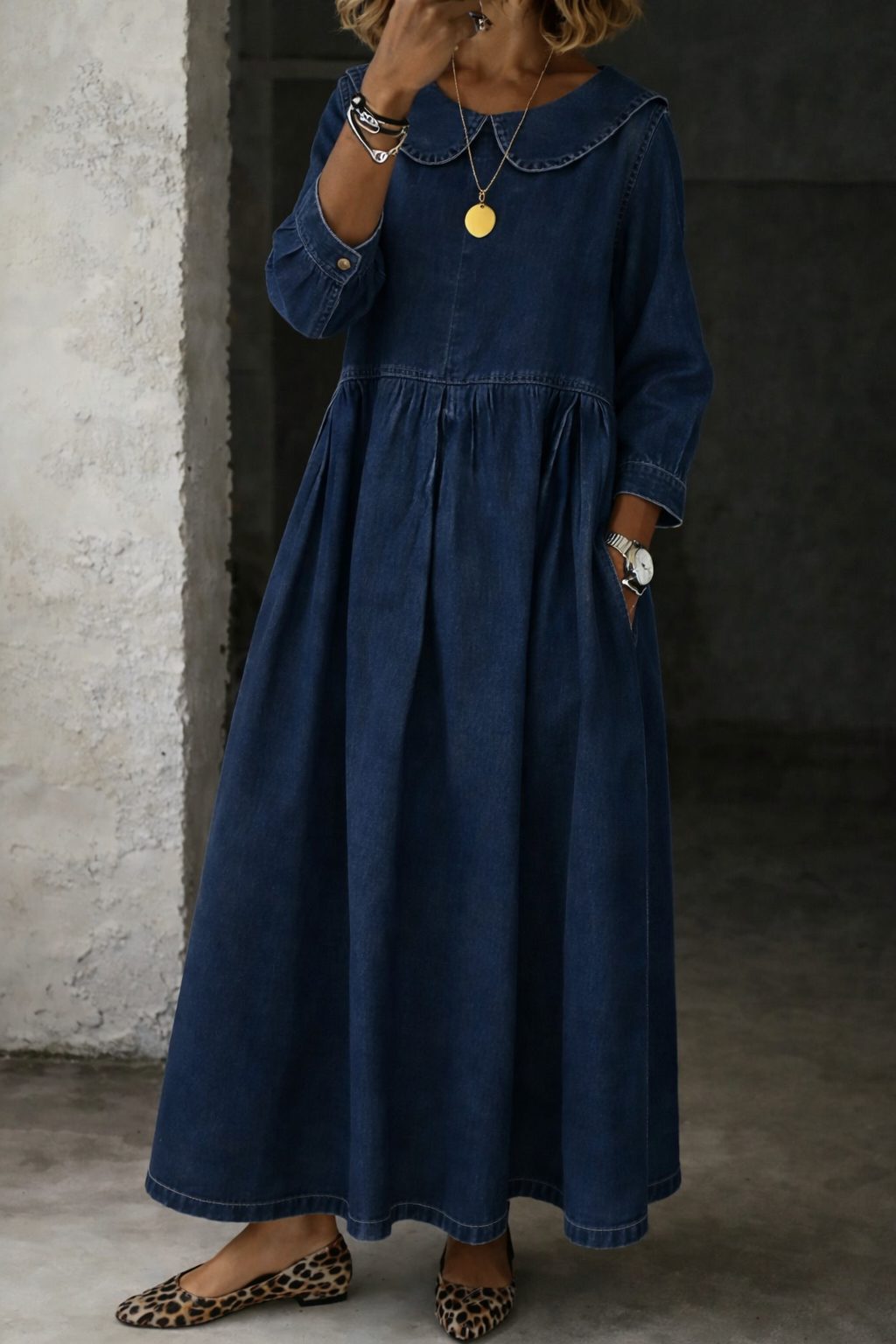 Arianne | Denim Maxi Dress with Peter Pan Collar for Women