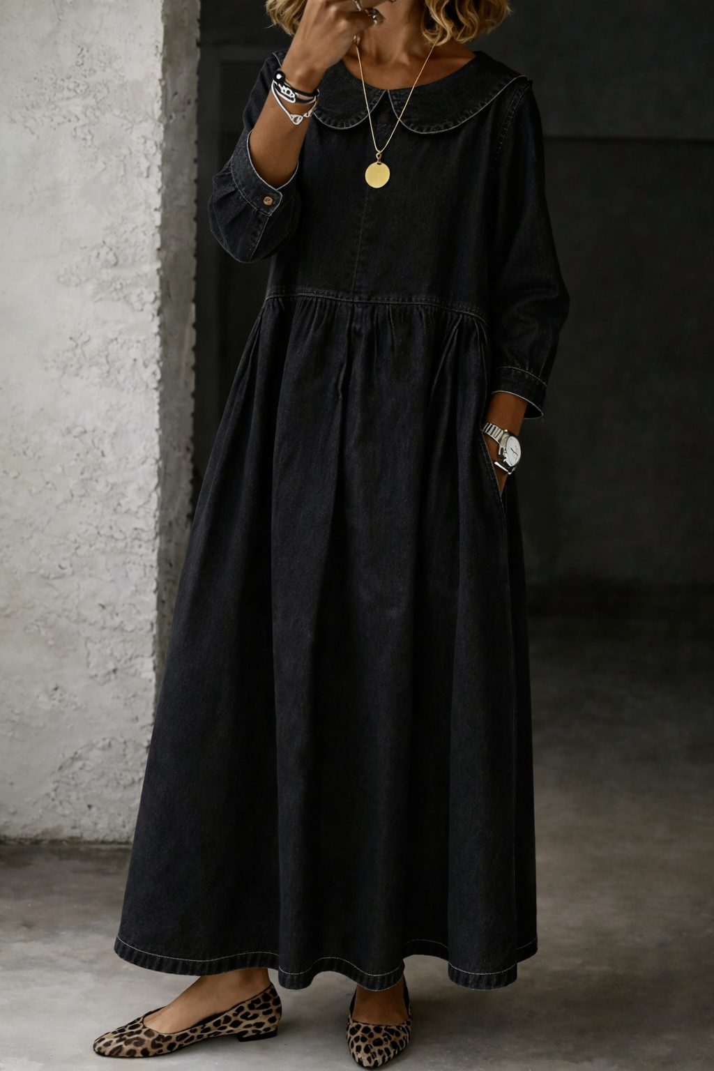 Arianne | Denim Maxi Dress with Peter Pan Collar for Women