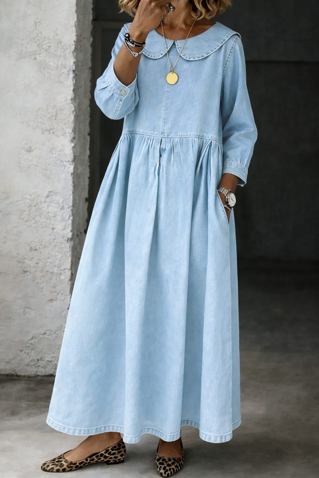 Arianne | Denim Maxi Dress with Peter Pan Collar for Women