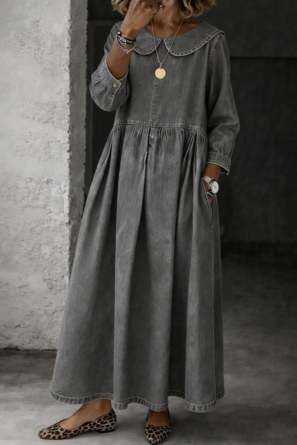 Arianne | Denim Maxi Dress with Peter Pan Collar for Women
