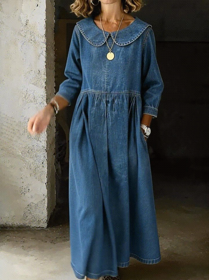 Arianne | Denim Maxi Dress with Peter Pan Collar for Women
