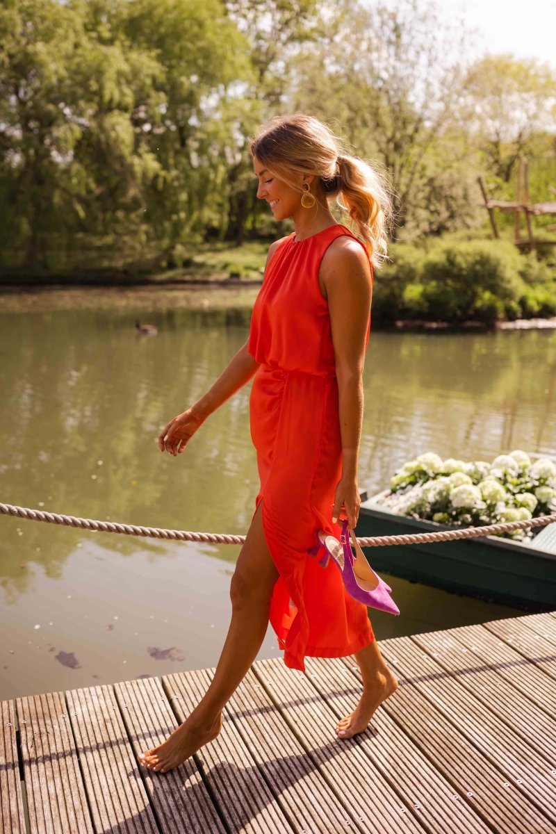 Sleeveless Midi Dress with Round Neck and Split for Women