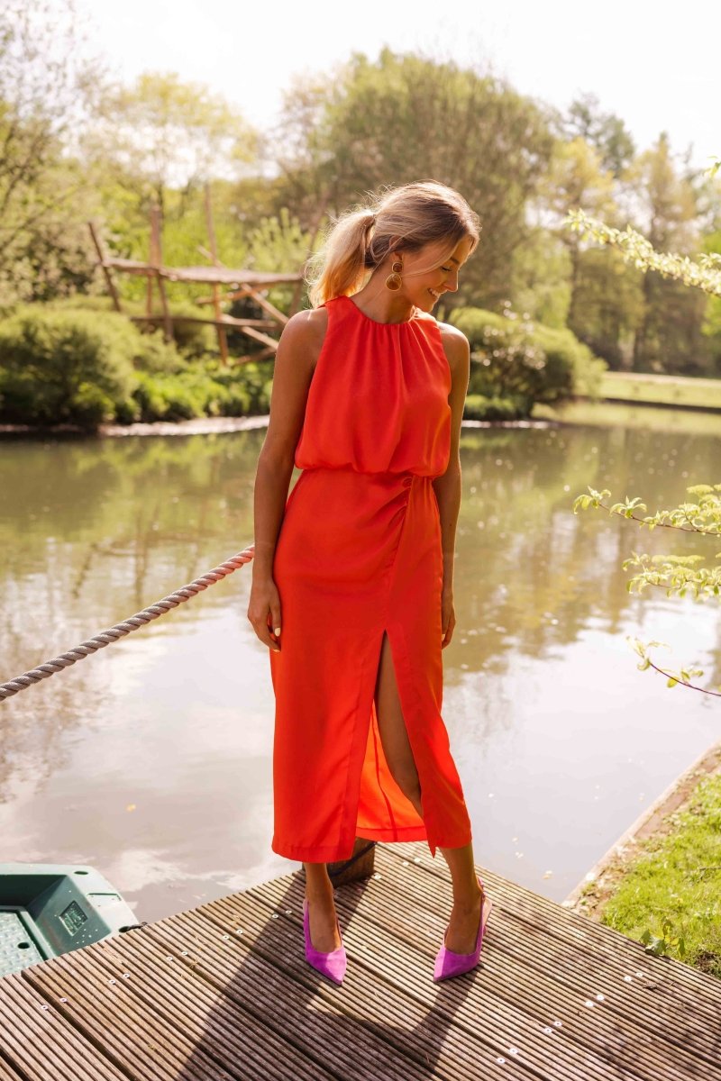 Sleeveless Midi Dress with Round Neck and Split for Women