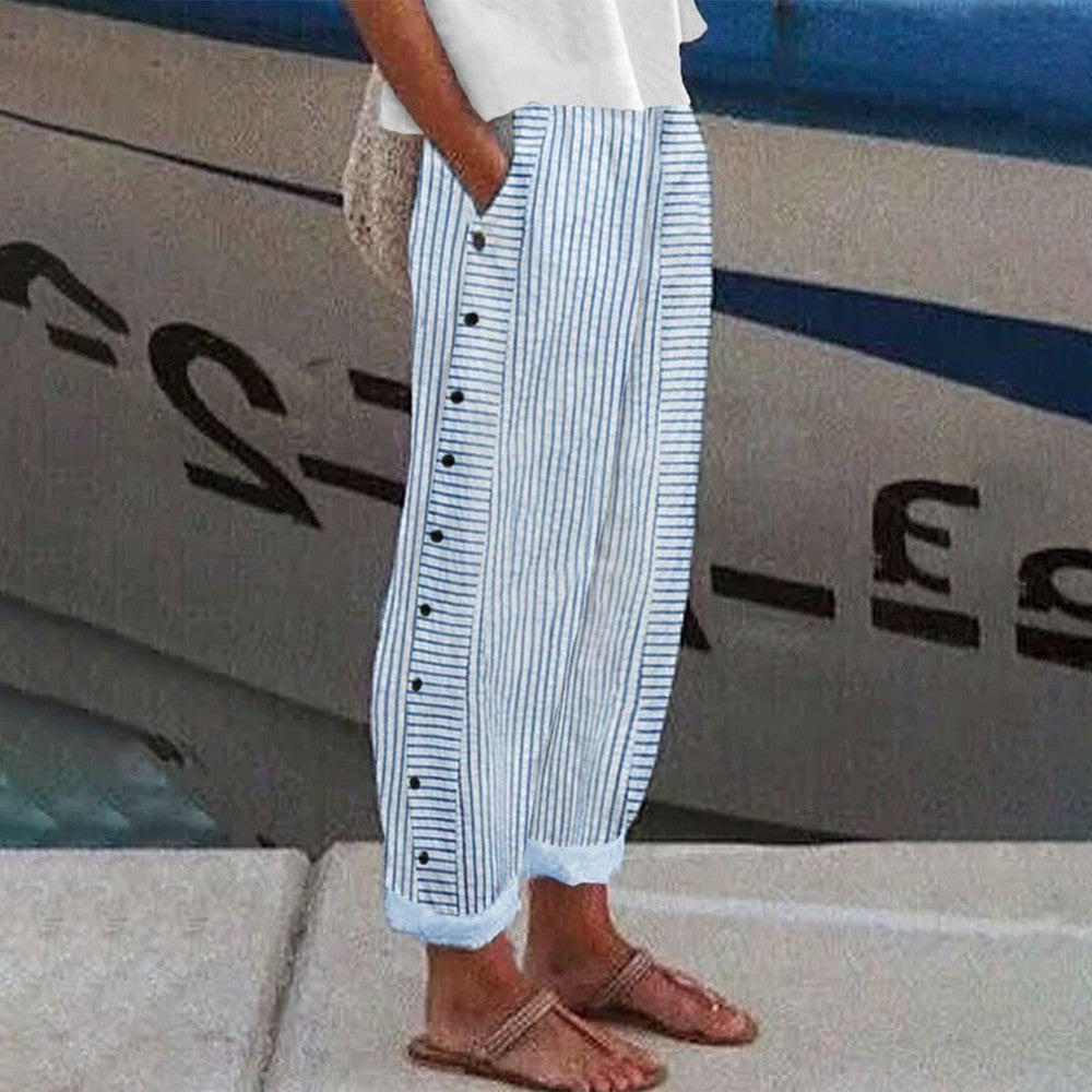 Striped Wide Leg Pants with Button Front for Women
