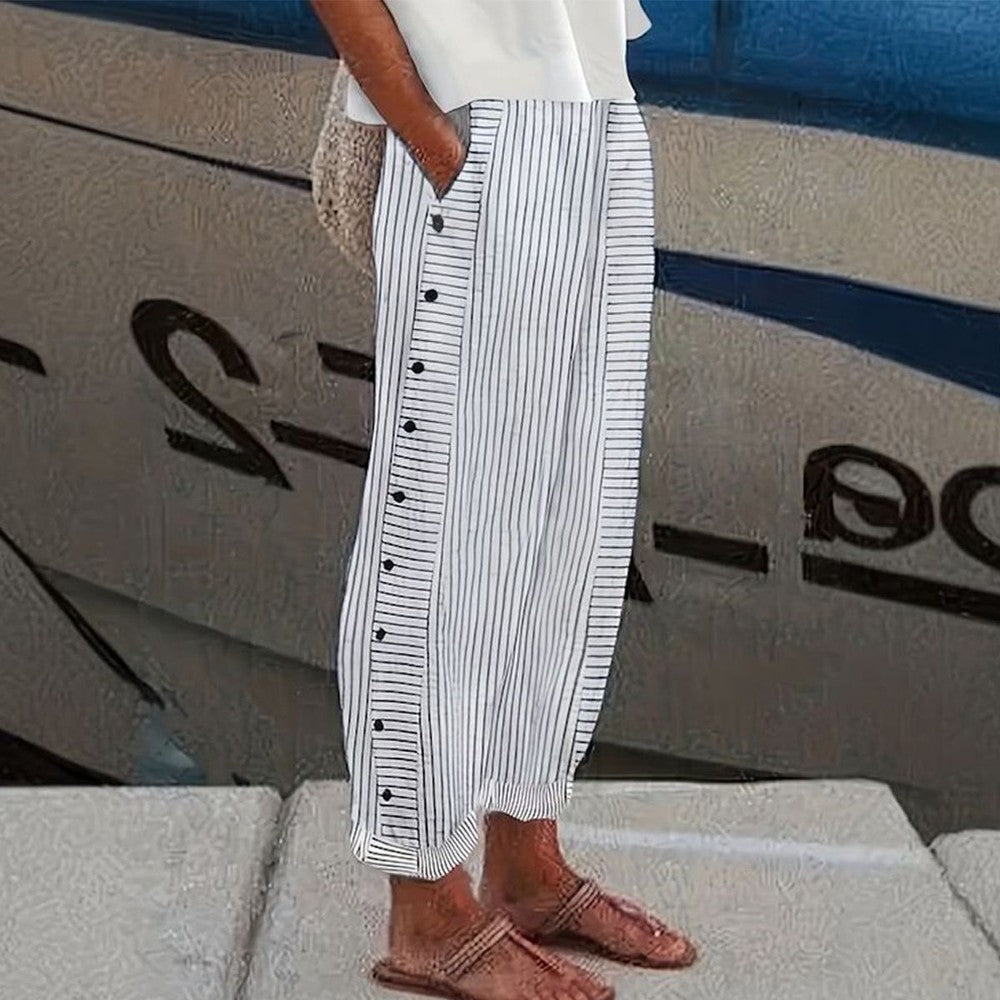 Striped Wide Leg Pants with Button Front for Women