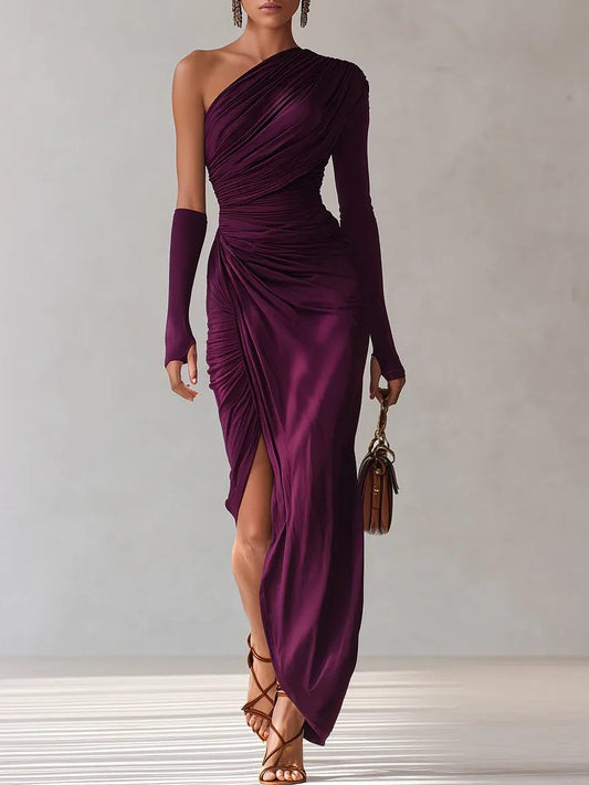 Celia | One-Shoulder Ruched Maxi Dress with Leg Split for Women