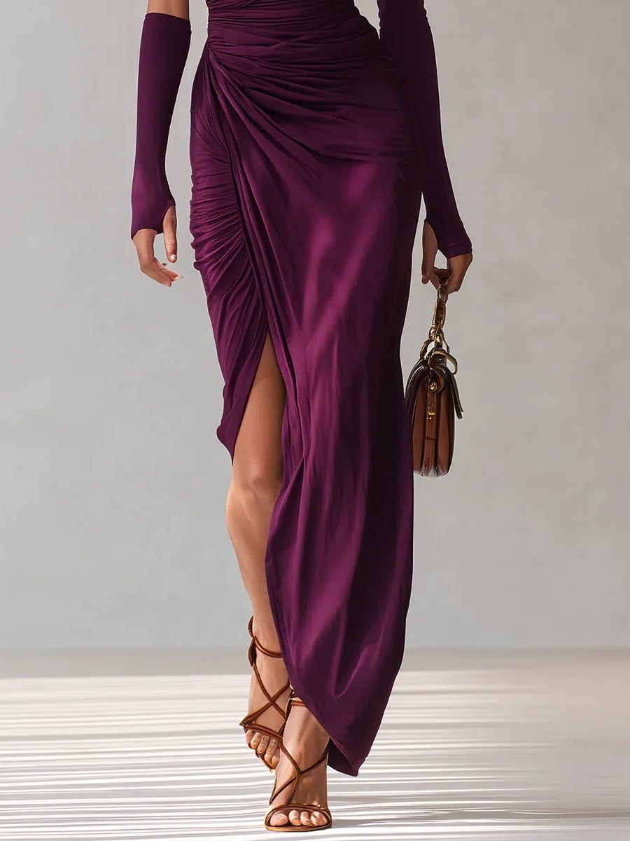 Celia | One-Shoulder Ruched Maxi Dress with Leg Split for Women