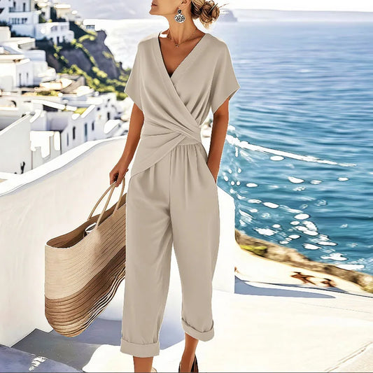 Wrap Jumpsuit Set with V-Neck and Short Sleeves for Women