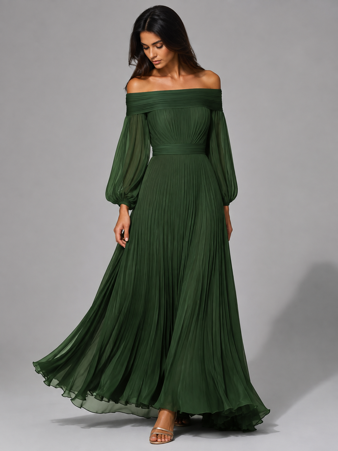 Dilys | Fall Wedding Guest Off-Shoulder Pleated Maxi Dress for Women