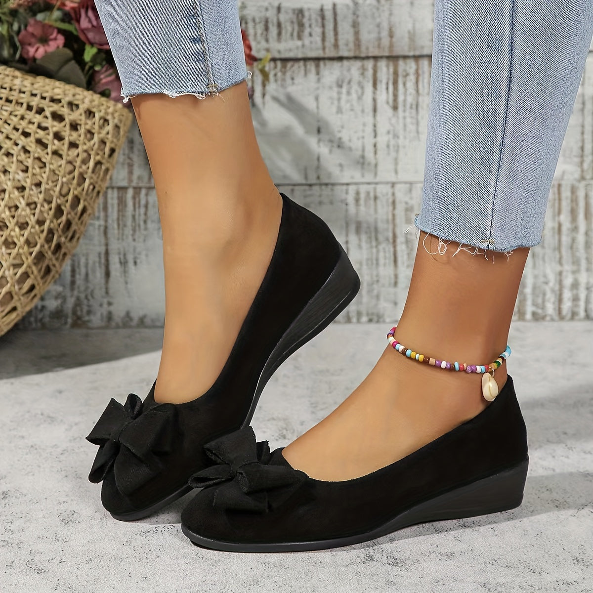 Maisie | Suede Bow Detail Wedge Ballet Flats
