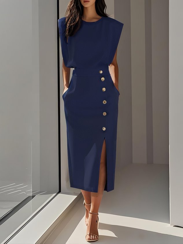Anthea | Sleeveless Midi Dress with Button-Front for Women