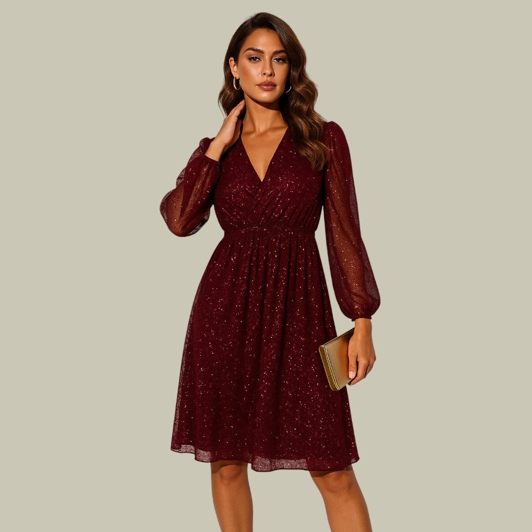 Elfreda | Sequin Mini Dress with V-Neck and Long Sleeves for Women