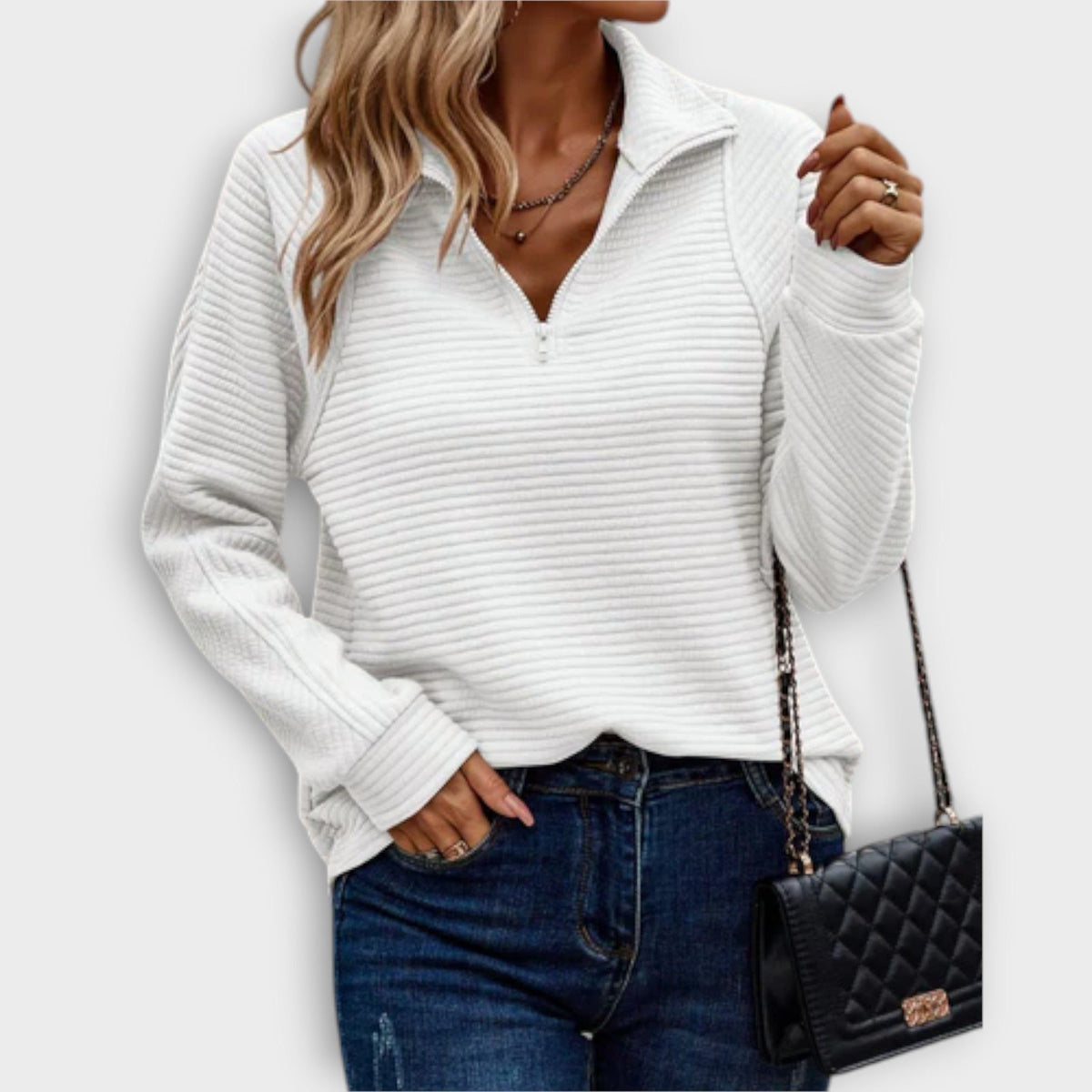 Elisa | Ribbed Knit Half-Zip Sweater with V-Neck for Women