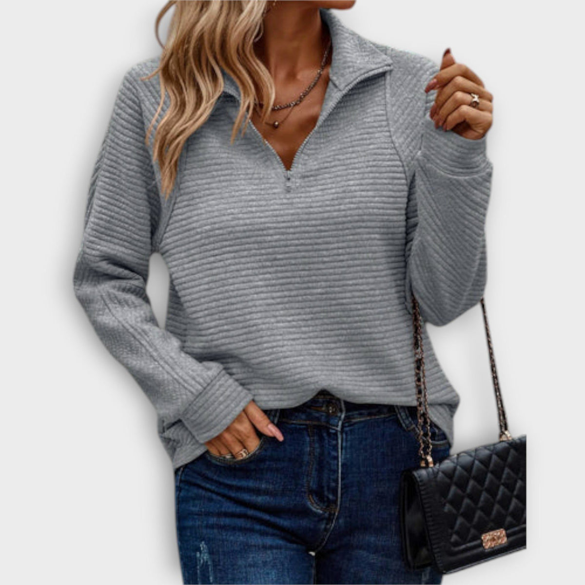 Elisa | Ribbed Knit Half-Zip Sweater with V-Neck for Women