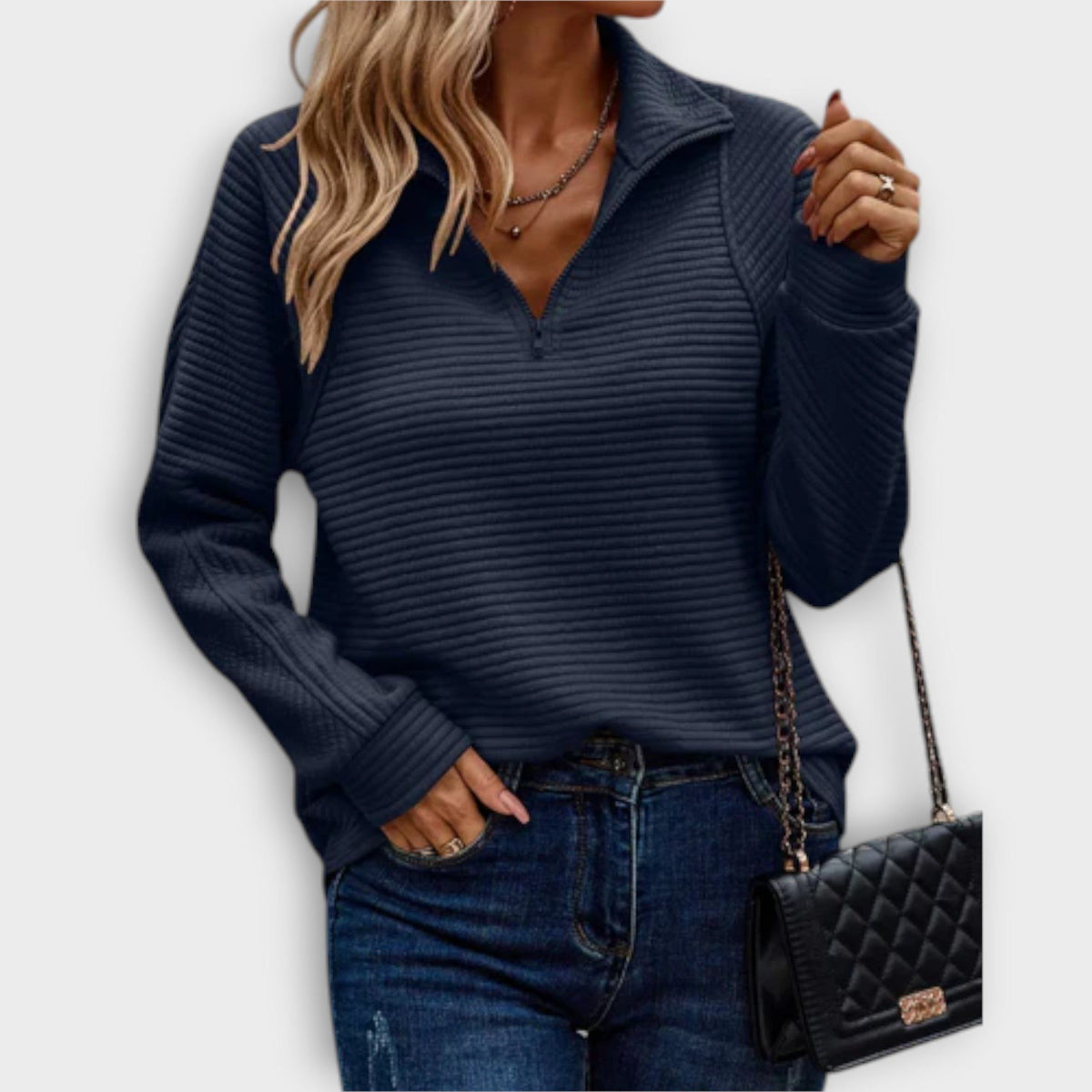 Elisa | Ribbed Knit Half-Zip Sweater with V-Neck for Women