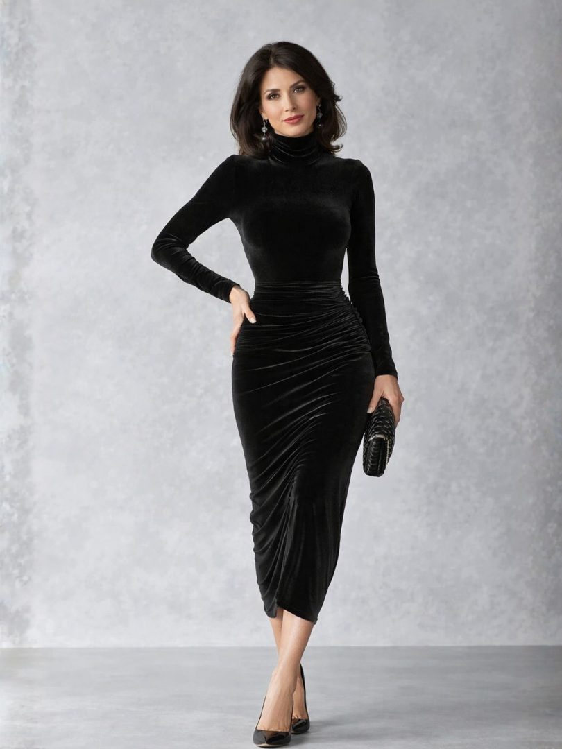 Elvina | Velvet Ruched Midi Dress with High Neck and Long Sleeves for Women