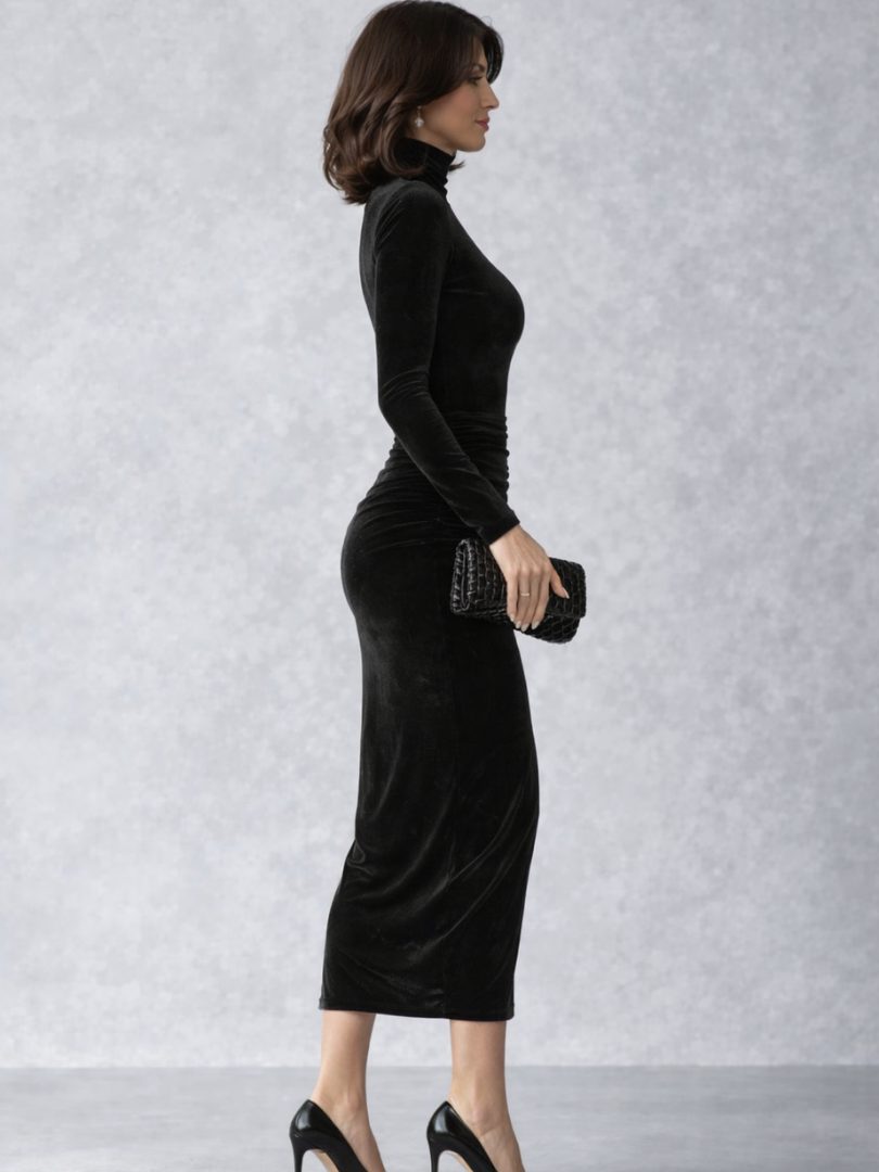 Elvina | Velvet Ruched Midi Dress with High Neck and Long Sleeves for Women