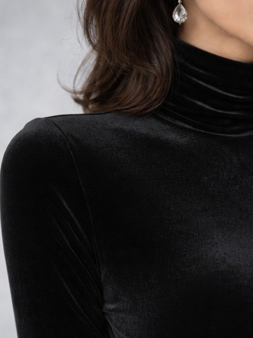 Elvina | Velvet Ruched Midi Dress with High Neck and Long Sleeves for Women