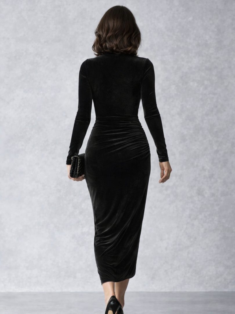 Elvina | Velvet Ruched Midi Dress with High Neck and Long Sleeves for Women