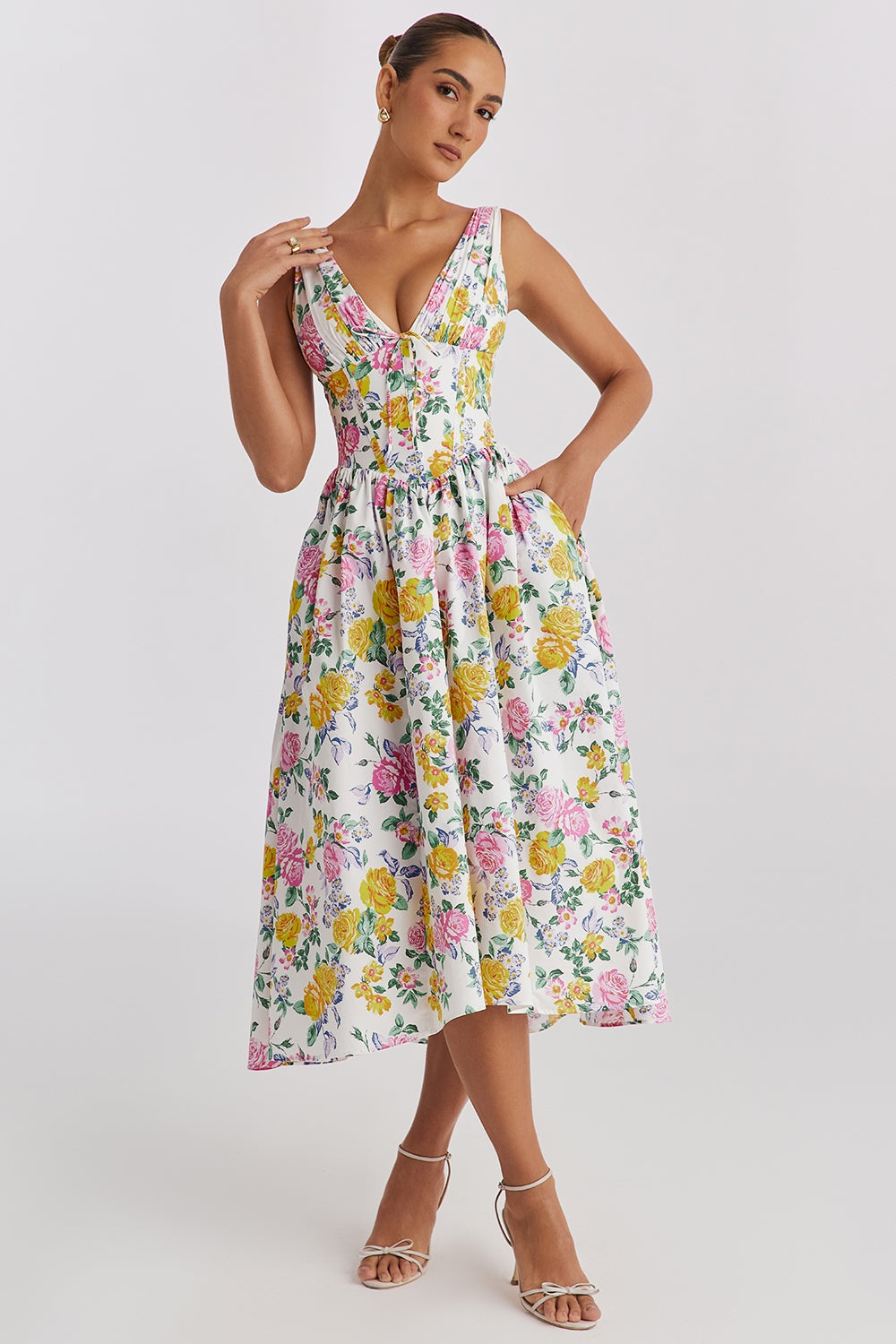 Saffron | Wedding Guest A-Line Midi Dress with V-Neck for Women