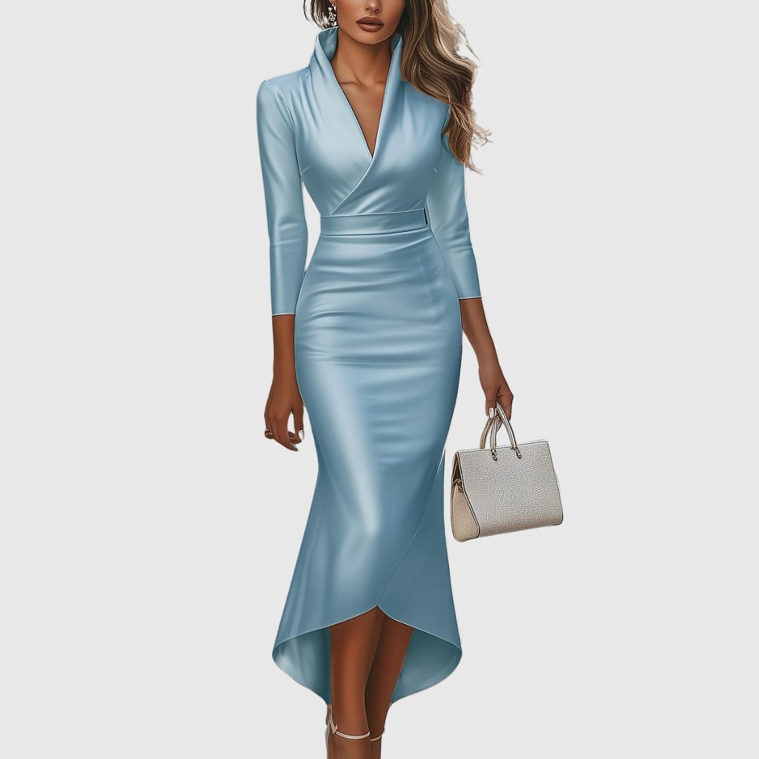 Engracia | Satin High-Low Evening Dress with V-Neck for Women