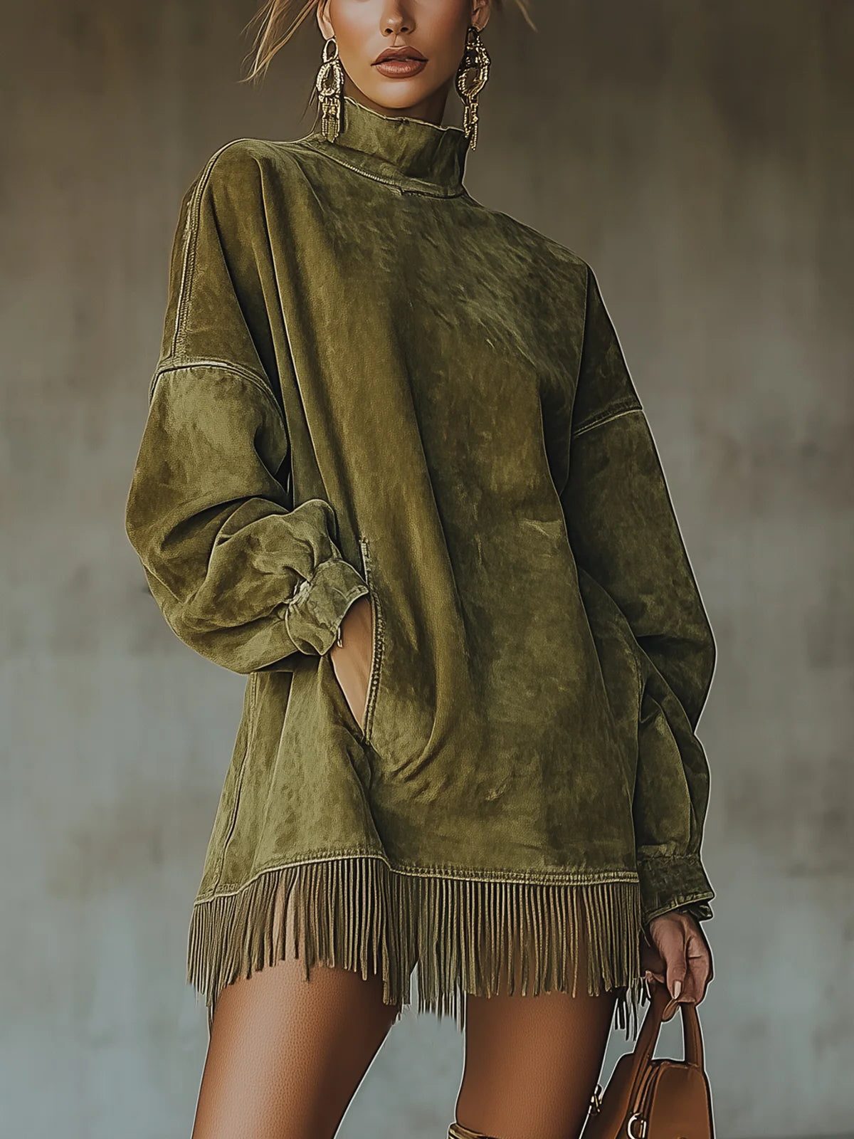 Faye | Oversized Sweater Dress with Mock Turtleneck and Fringe Hem for Women