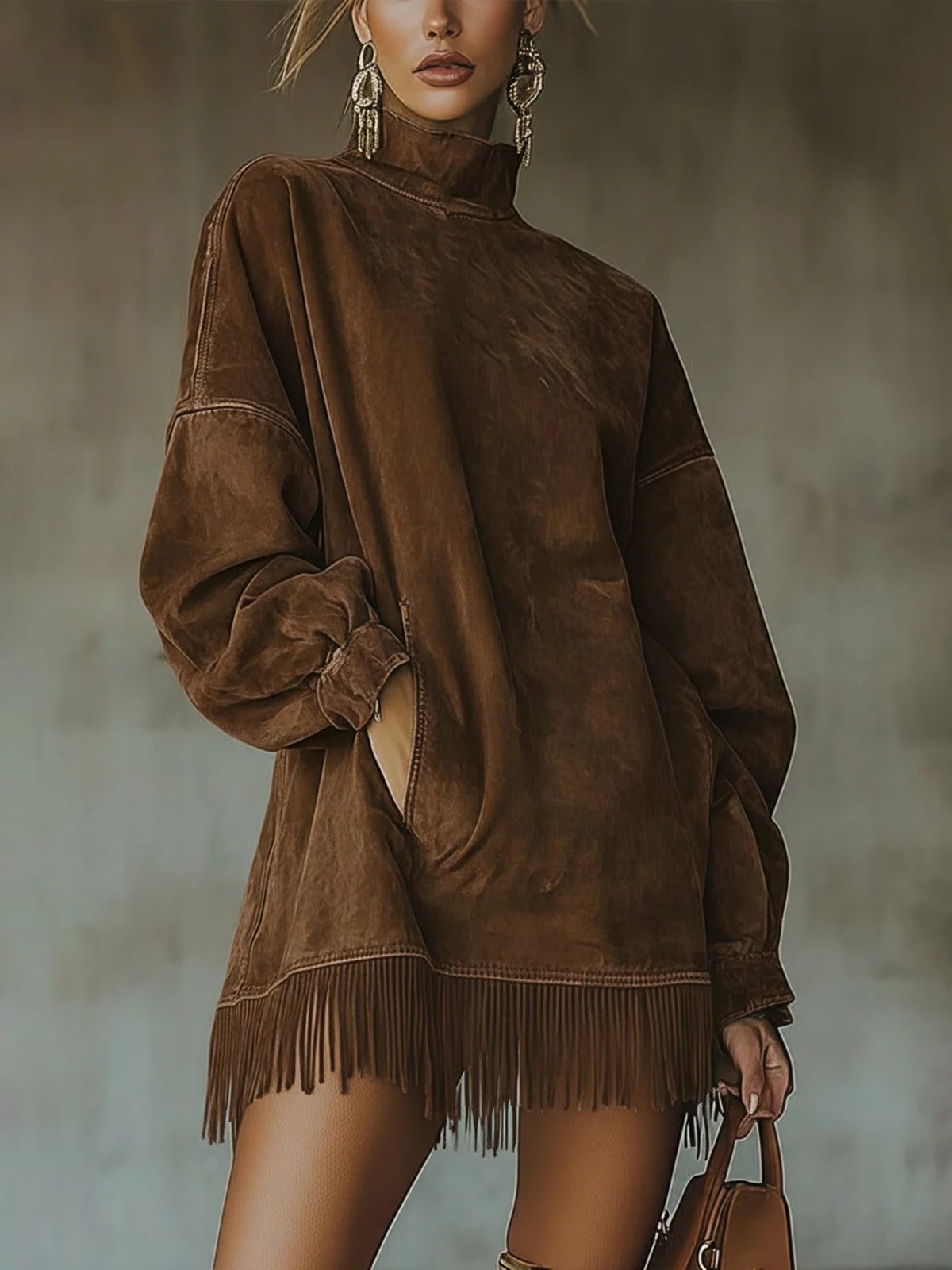 Faye | Oversized Sweater Dress with Mock Turtleneck and Fringe Hem for Women