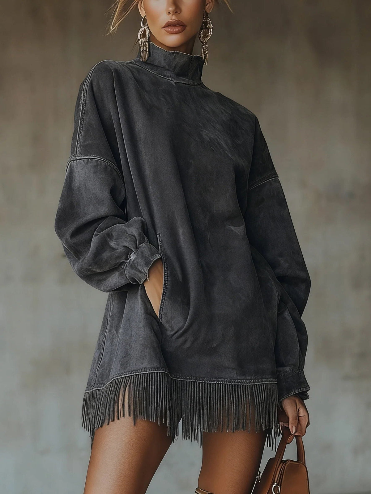 Faye | Oversized Sweater Dress with Mock Turtleneck and Fringe Hem for Women