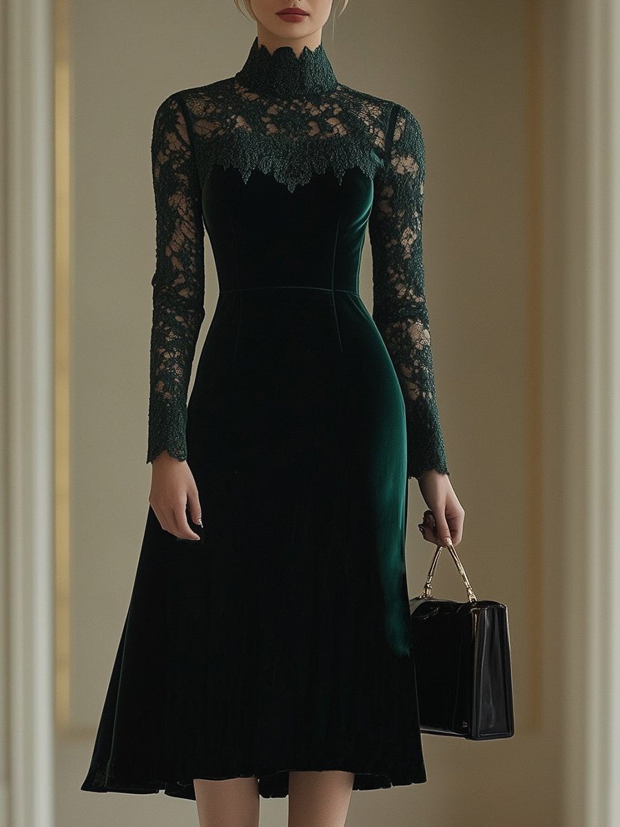 Felicity | Lace Fall Wedding Guest Midi Dress with Turtleneck for Women