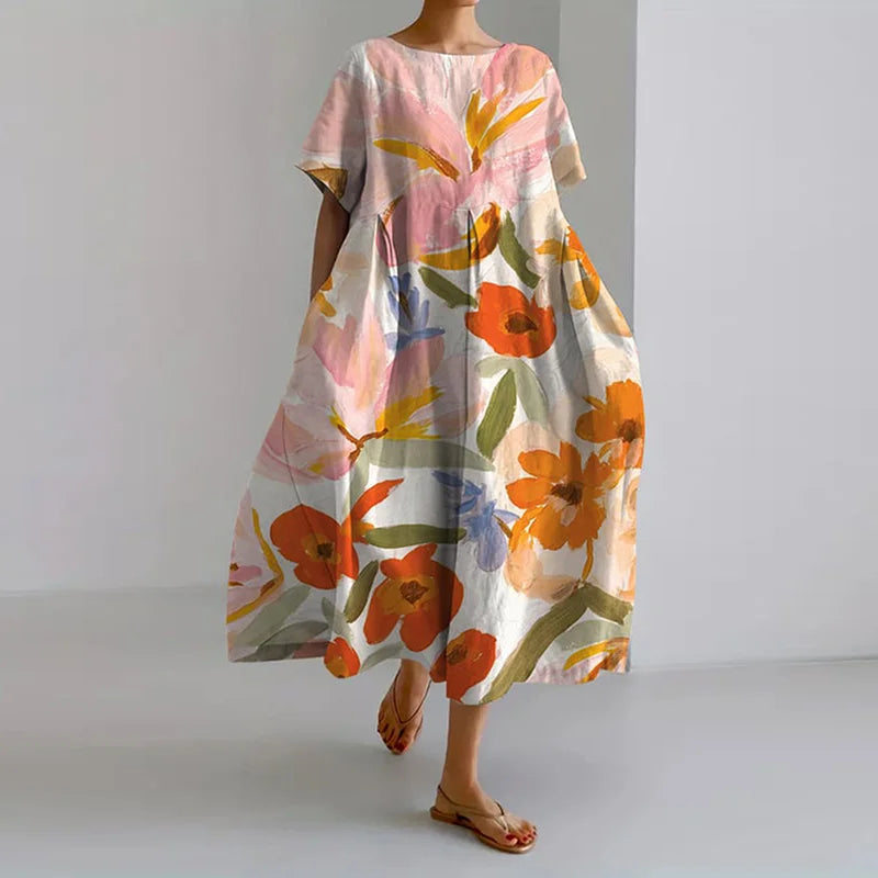Fern | Floral A-Line Midi Dress with Short Sleeves for Women