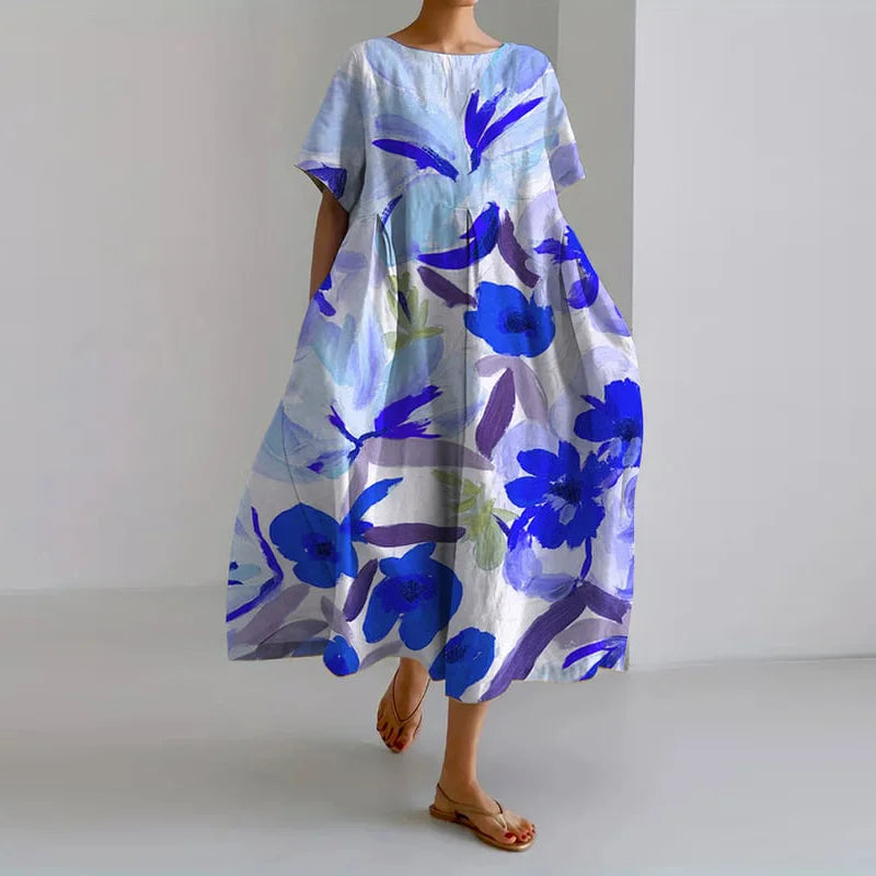 Fern | Floral A-Line Midi Dress with Short Sleeves for Women