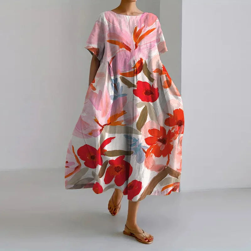 Fern | Floral A-Line Midi Dress with Short Sleeves for Women