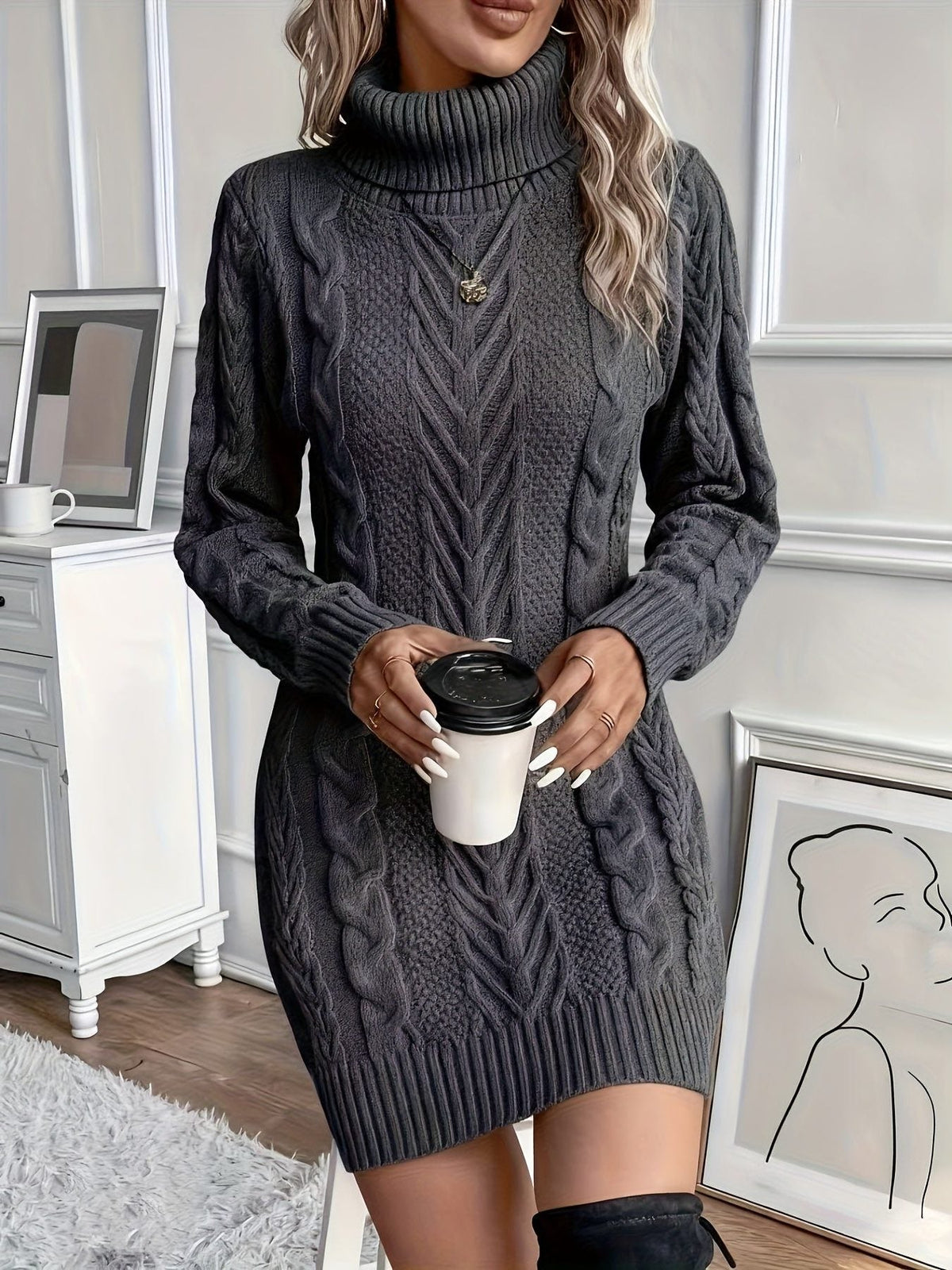 Fioralba | Cable Knit Sweater Dress with Turtleneck for Women