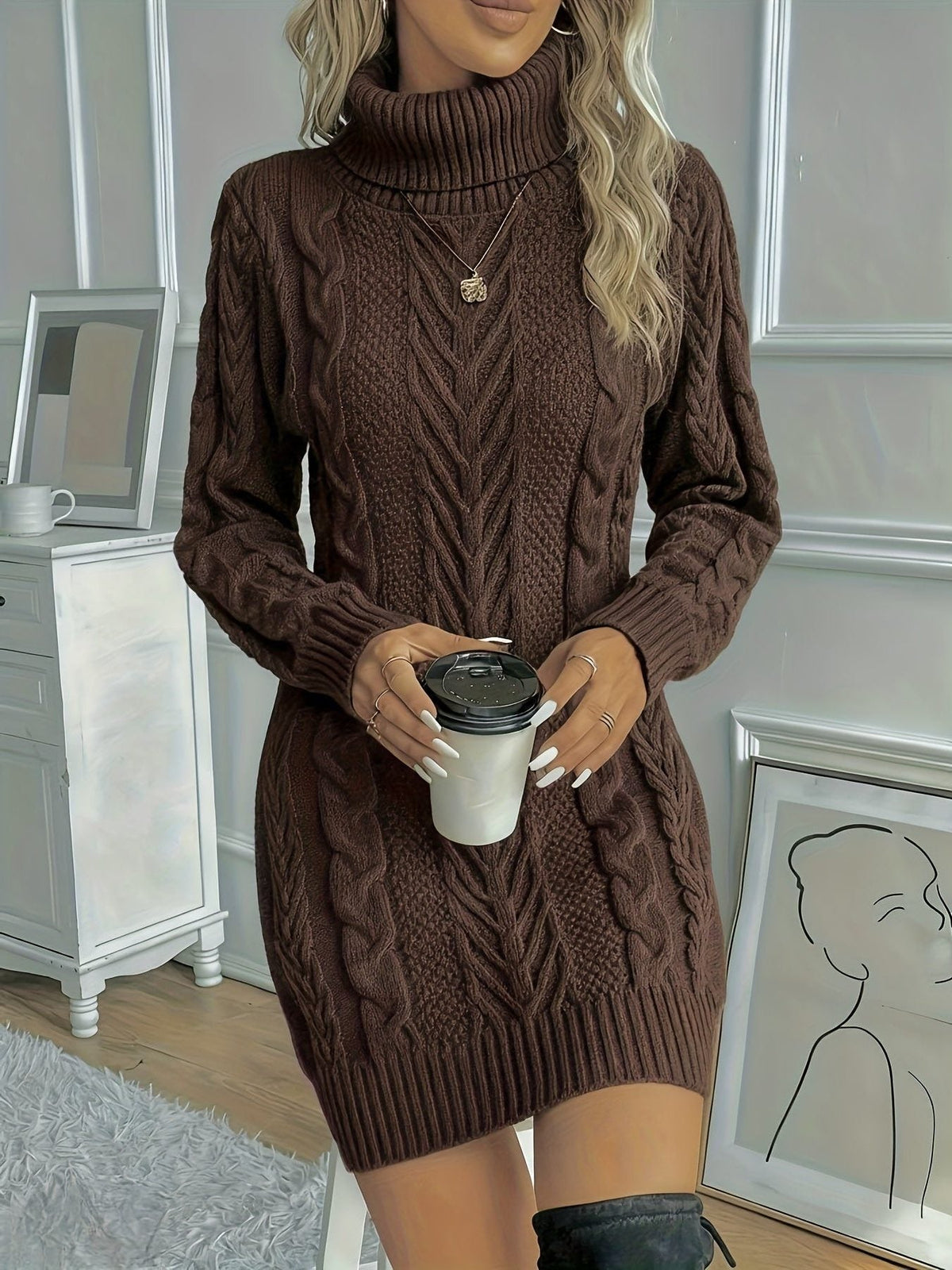 Fioralba | Cable Knit Sweater Dress with Turtleneck for Women