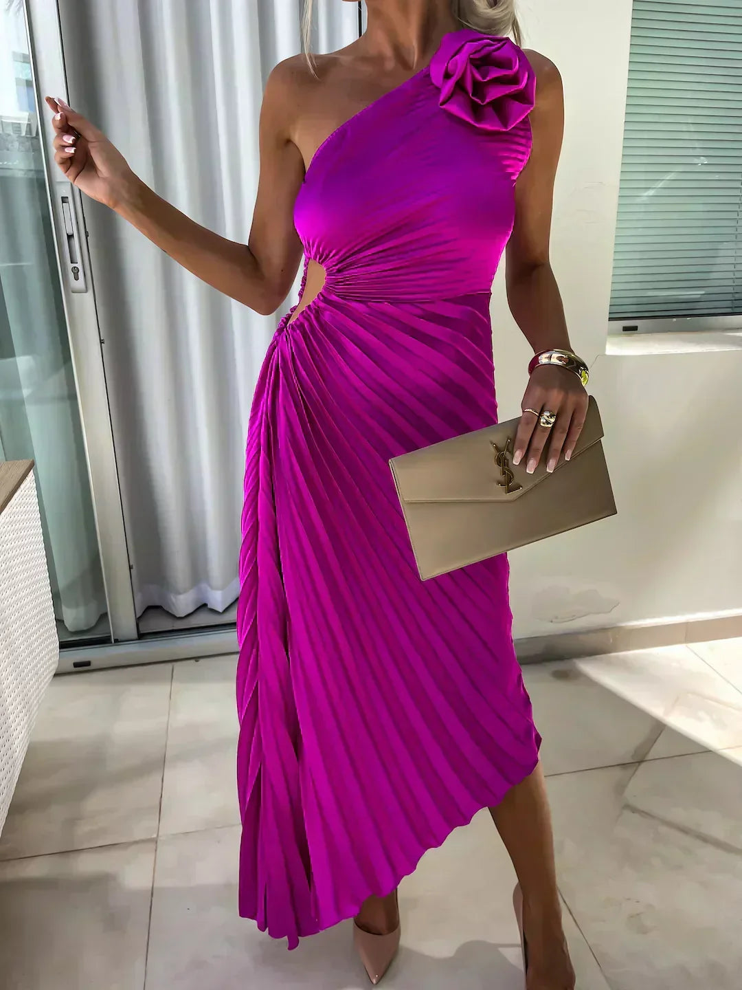 Juliette | Wedding Guest One-Shoulder Pleated Midi Dress for Women
