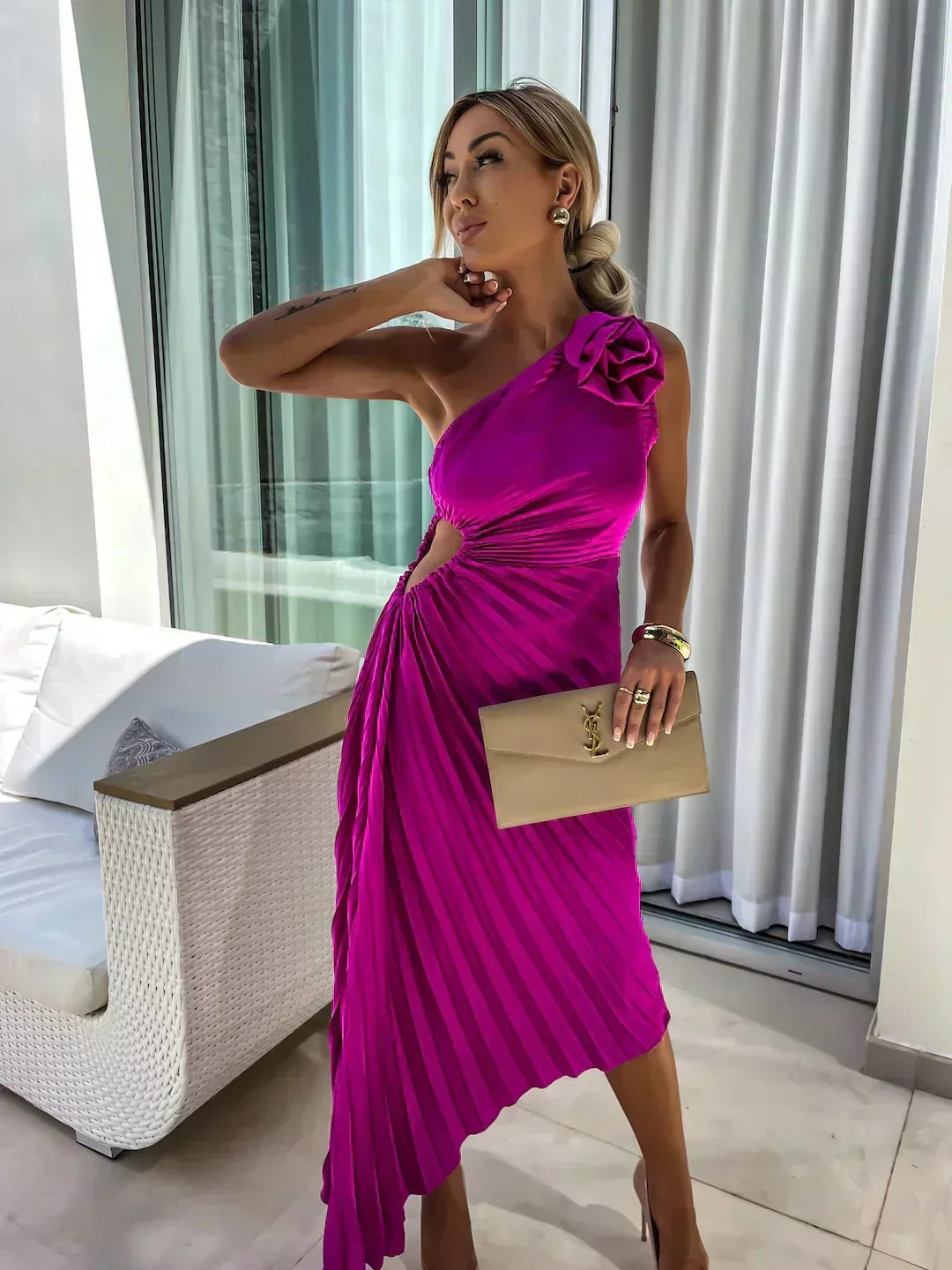 Juliette | Wedding Guest One-Shoulder Pleated Midi Dress for Women