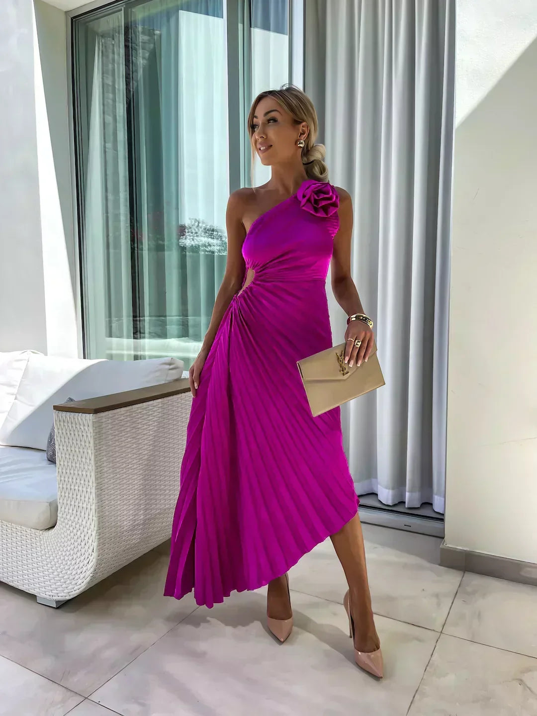 Juliette | Wedding Guest One-Shoulder Pleated Midi Dress for Women