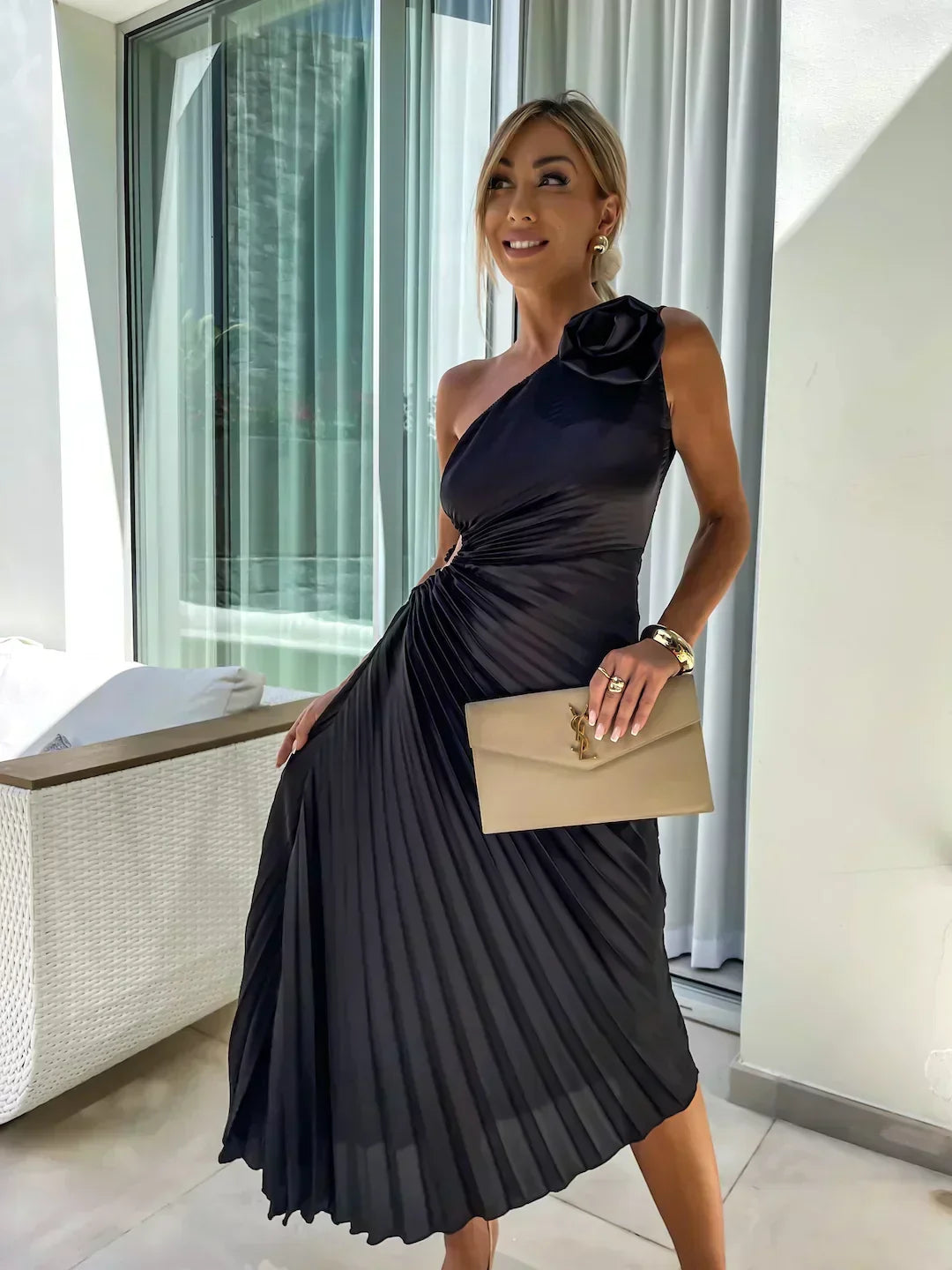 Juliette | Wedding Guest One-Shoulder Pleated Midi Dress for Women