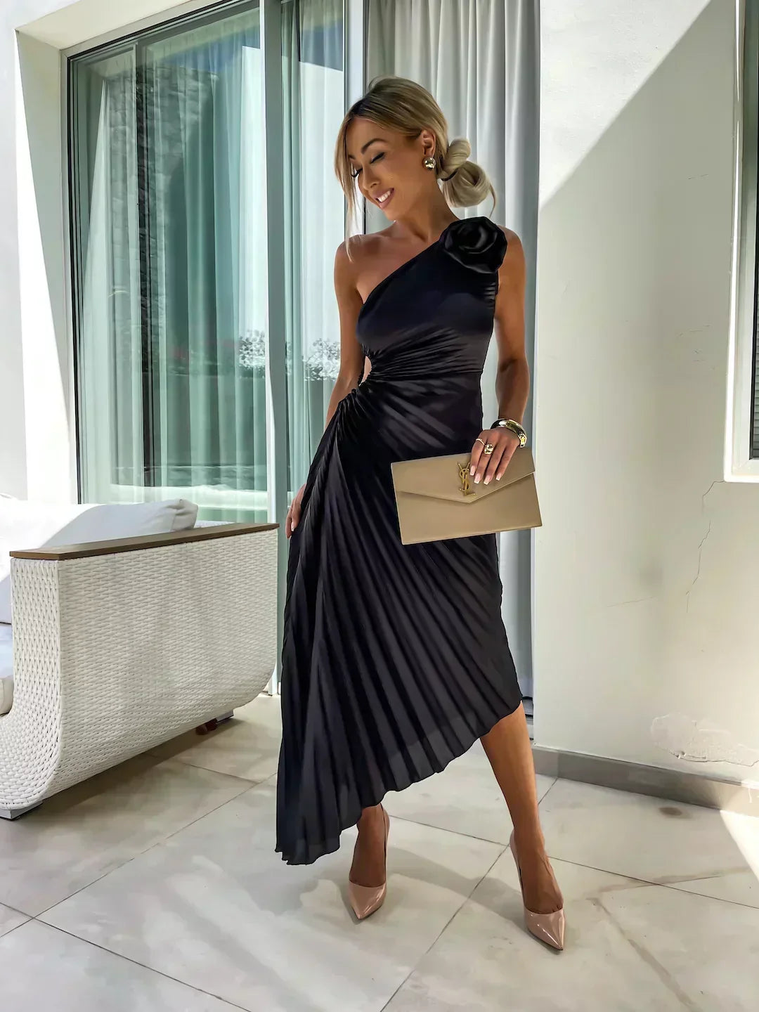 Juliette | Wedding Guest One-Shoulder Pleated Midi Dress for Women