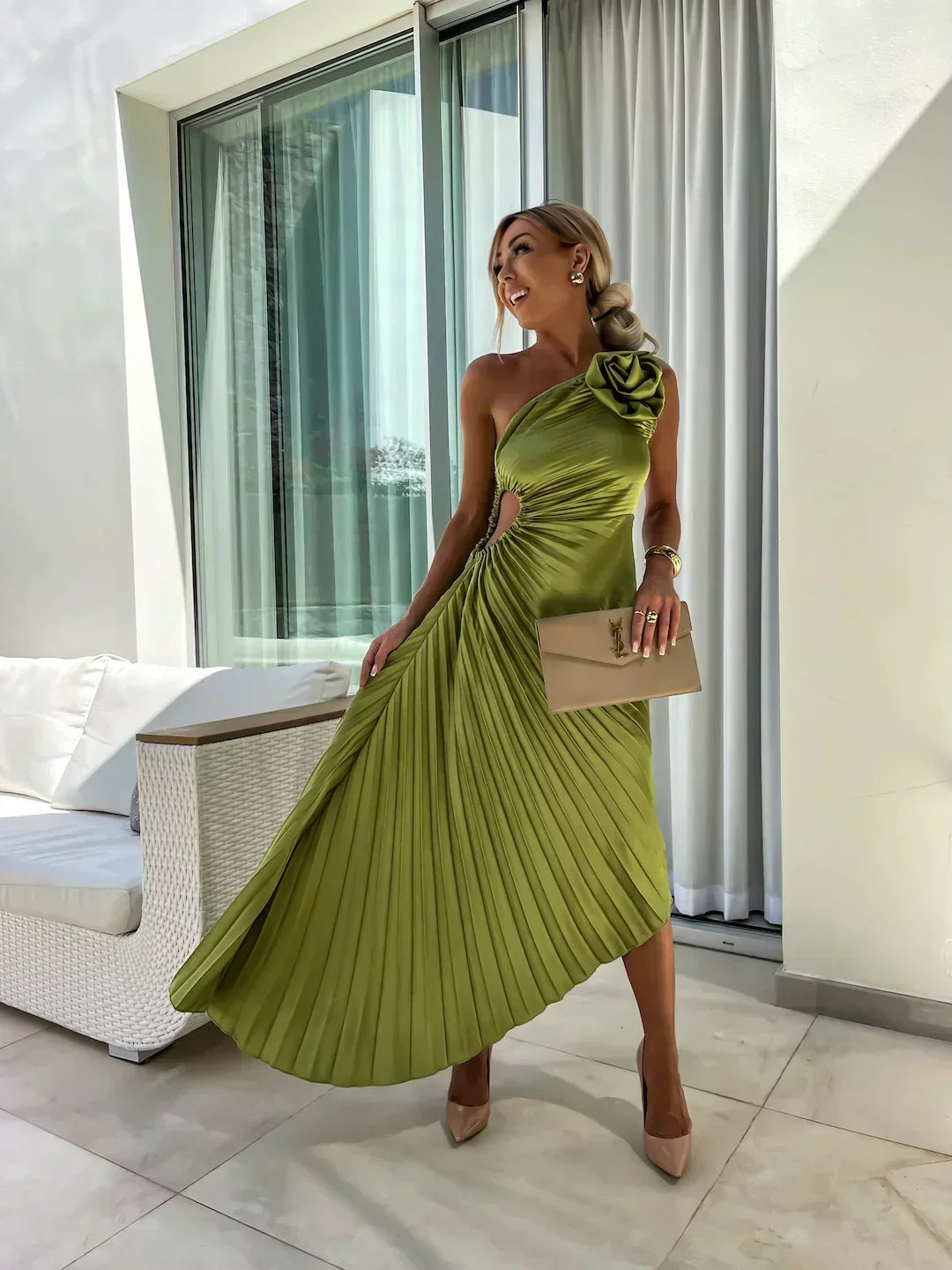 Juliette | Wedding Guest One-Shoulder Pleated Midi Dress for Women