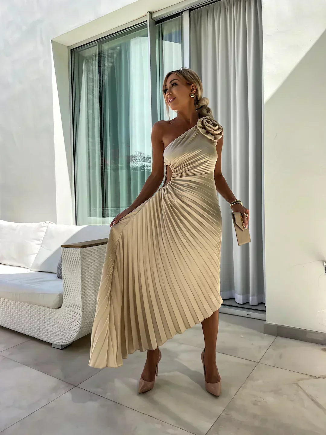 Juliette | Wedding Guest One-Shoulder Pleated Midi Dress for Women