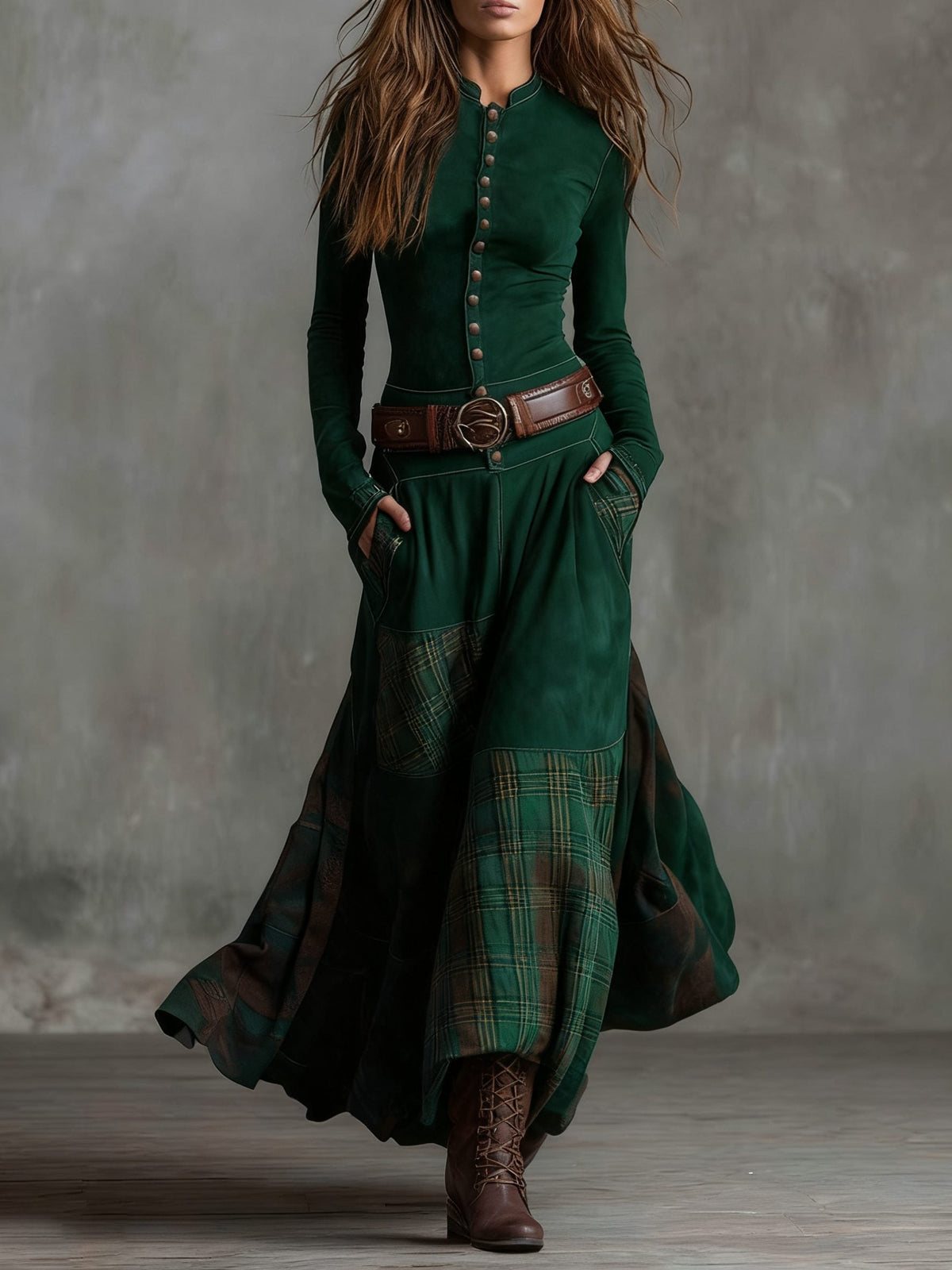 Giselle | Plaid Maxi Winter Dress with Belt for Women